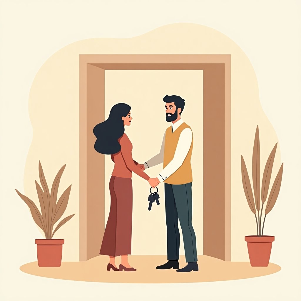 Een stel krijgt sleutels overhandigd van een makelaar in Dubai voor hun nieuwe woning.