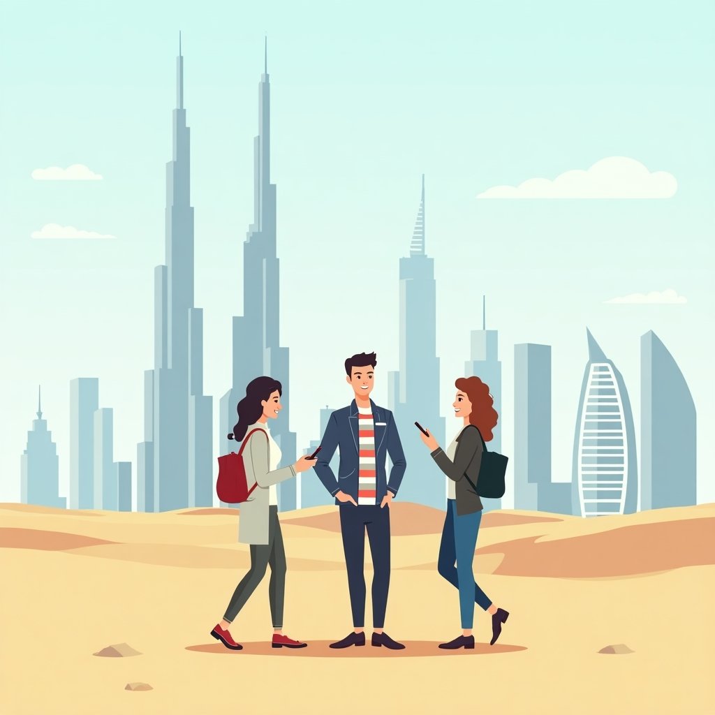 Internationale stagiairs beginnen hun stage in Dubai met de skyline en woestijn op de achtergrond.