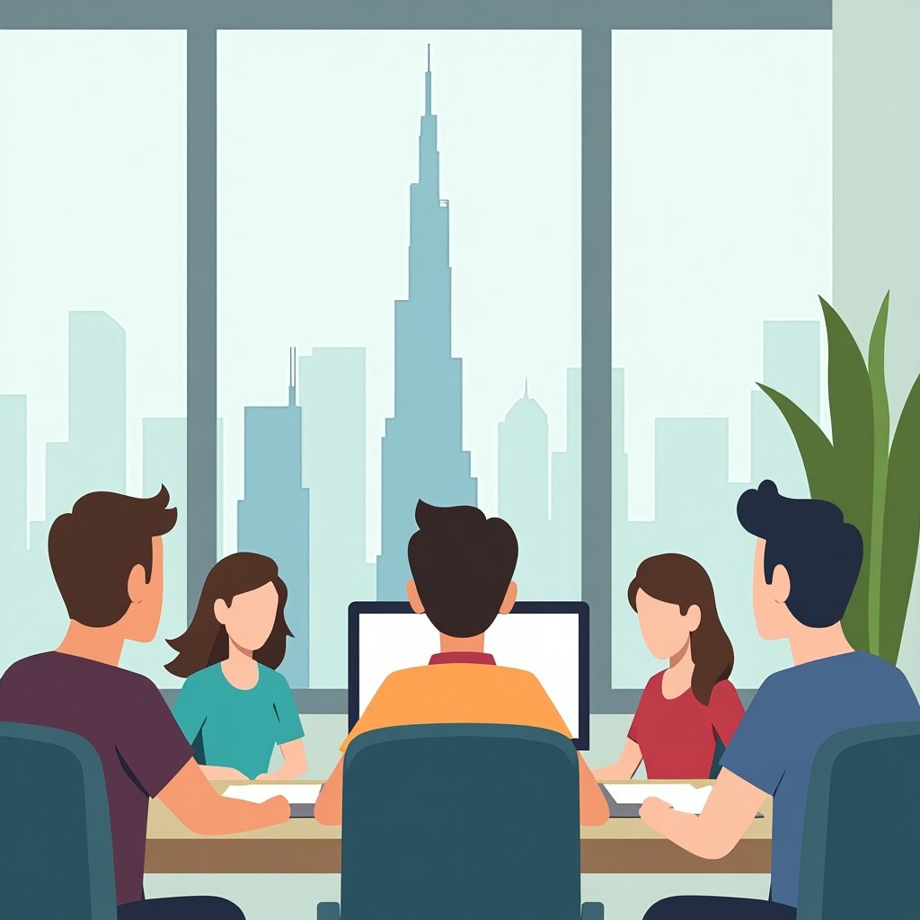 Student aan het werk tijdens zijn stage op kantoor in Dubai met uitzicht op de Burj Khalifa.