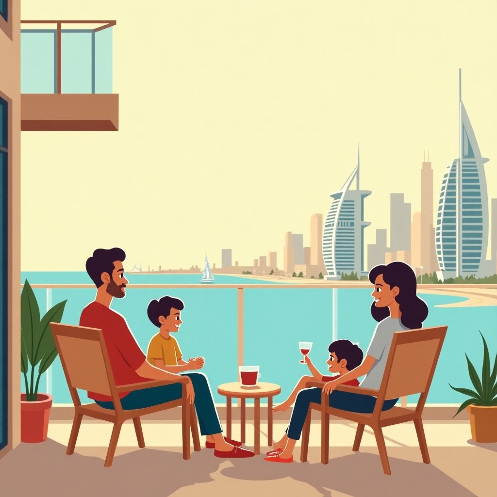 Familie op balkon met uitzicht op Dubai Marina, genietend van het leven in Dubai.