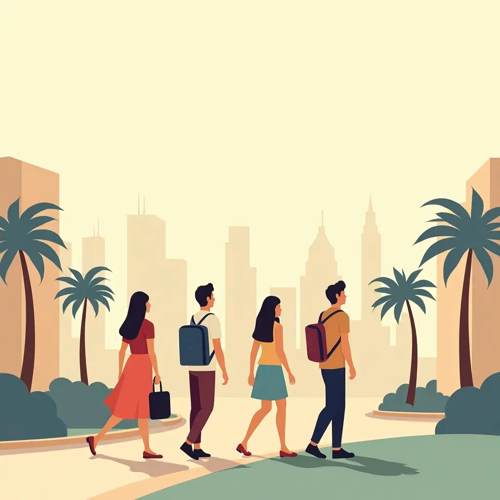 Internationale studenten lopen over een moderne universiteitscampus in Dubai met de skyline en palmbomen op de achtergrond.