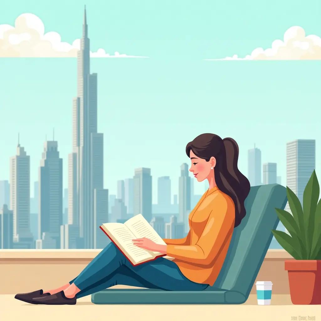 Student ontspant op een dakterras met uitzicht over Dubai, met een open studieboek en een kop koffie.