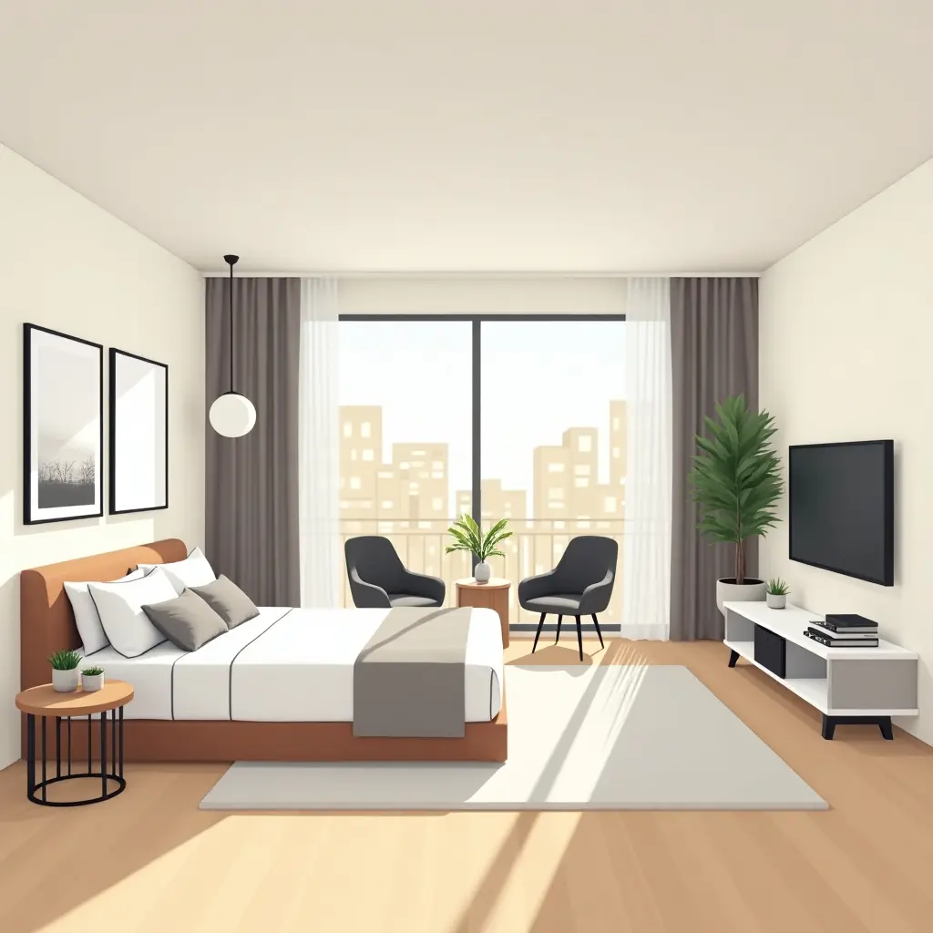 Interieur van een moderne studio in Dubai met open woon- en slaapruimte en uitzicht op de stad.