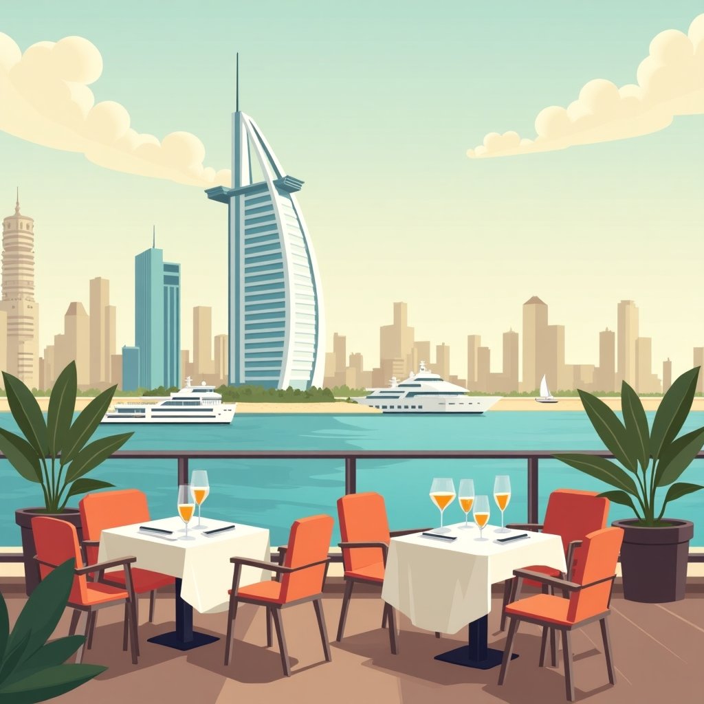 Restaurantmenu met prijzen en uitzicht op Dubai, ter illustratie van de kosten van eten uitgaan in Dubai.