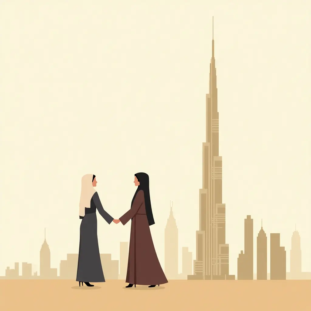 Twee vrouwen in Dubai voor de Burj Khalifa, gekleed volgens lokale en westerse stijl.