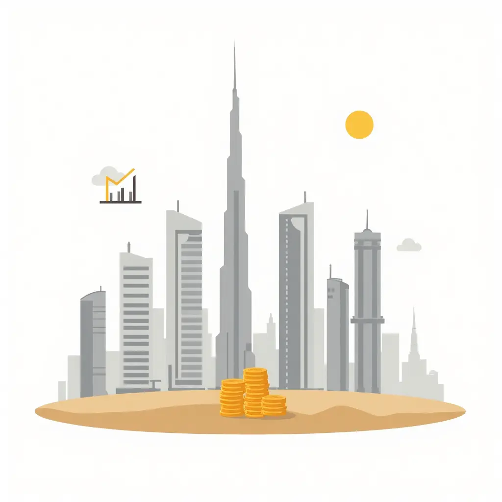 Een moderne flatstijl illustratie van een skyline met luxe appartementen en investeringssymbolen, passend bij investeren in vastgoed in Dubai.