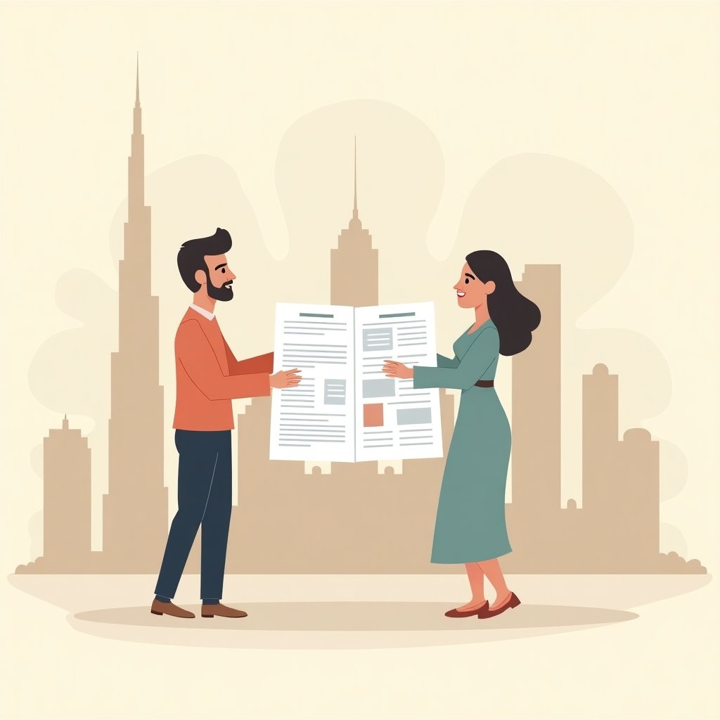 Koppel bekijkt vastgoedplannen in Dubai met skyline op de achtergrond.