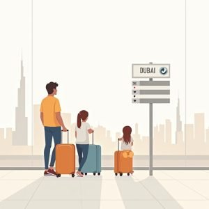 Gezin met koffers op het vliegveld, met Dubai skyline in de achtergrond, symbool voor emigreren naar Dubai.