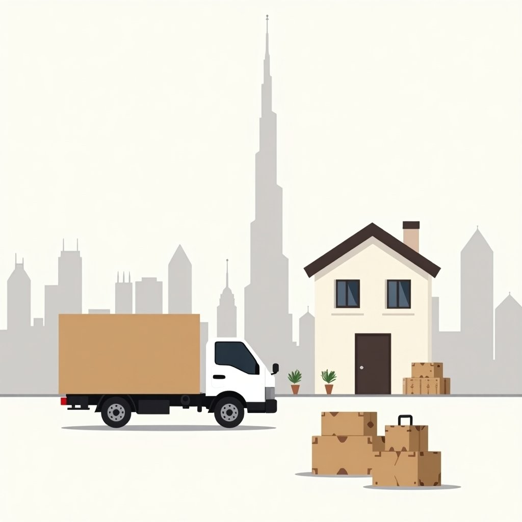 Een verhuiswagen en koffers worden ingeladen met de skyline van Dubai op de achtergrond, als symbool voor verhuizen naar Dubai.