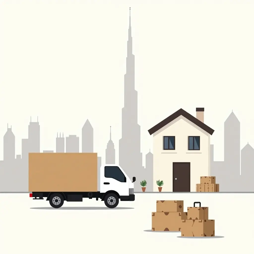 Een verhuiswagen en koffers worden ingeladen met de skyline van Dubai op de achtergrond, als symbool voor verhuizen naar Dubai.