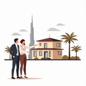Makelaar toont luxe villa aan stel, met Burj Khalifa en palmbomen op de achtergrond, als onderdeel van het kopen van een huis in Dubai.