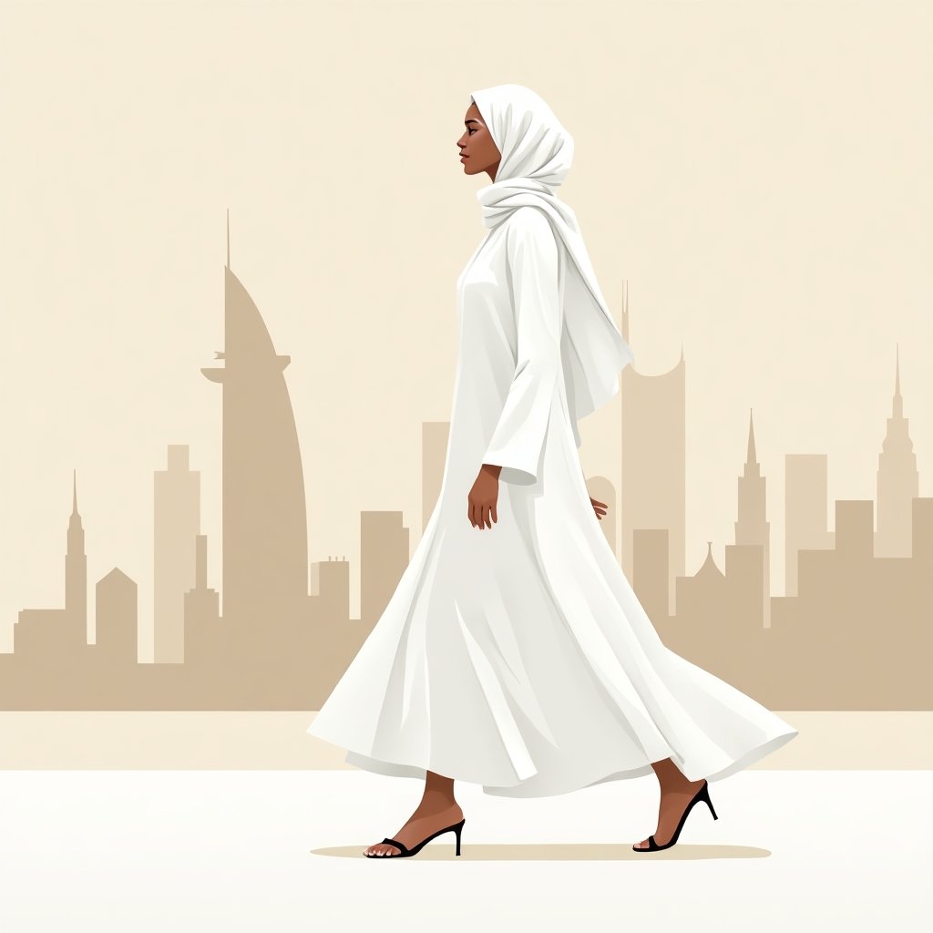 Vrouw in Dubai Marina met elegante kleding volgens lokale cultuur.