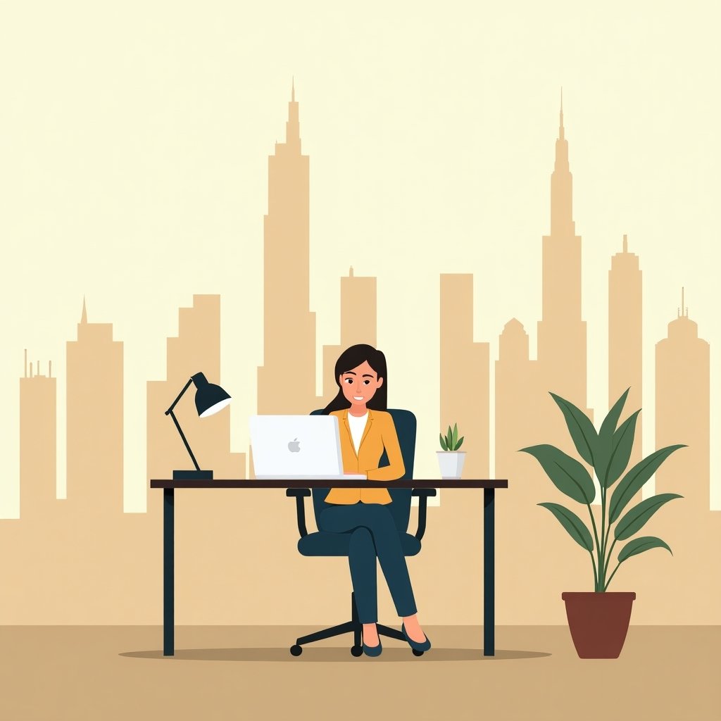 Werkende vrouw in kantoor met skyline van Dubai op achtergrond.