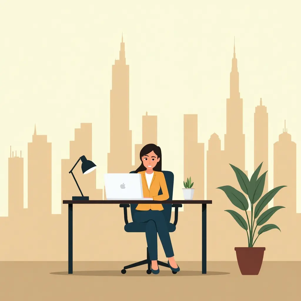 Werkende vrouw in kantoor met skyline van Dubai op achtergrond.
