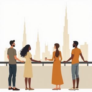 Diverse mensen kijken uit over de stad Dubai vanaf een rooftop met gevoel van toekomst en ambitie.