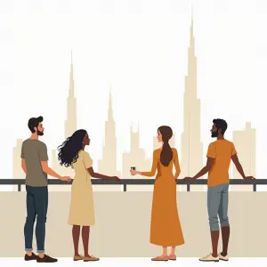 Diverse mensen kijken uit over de stad Dubai vanaf een rooftop met gevoel van toekomst en ambitie.