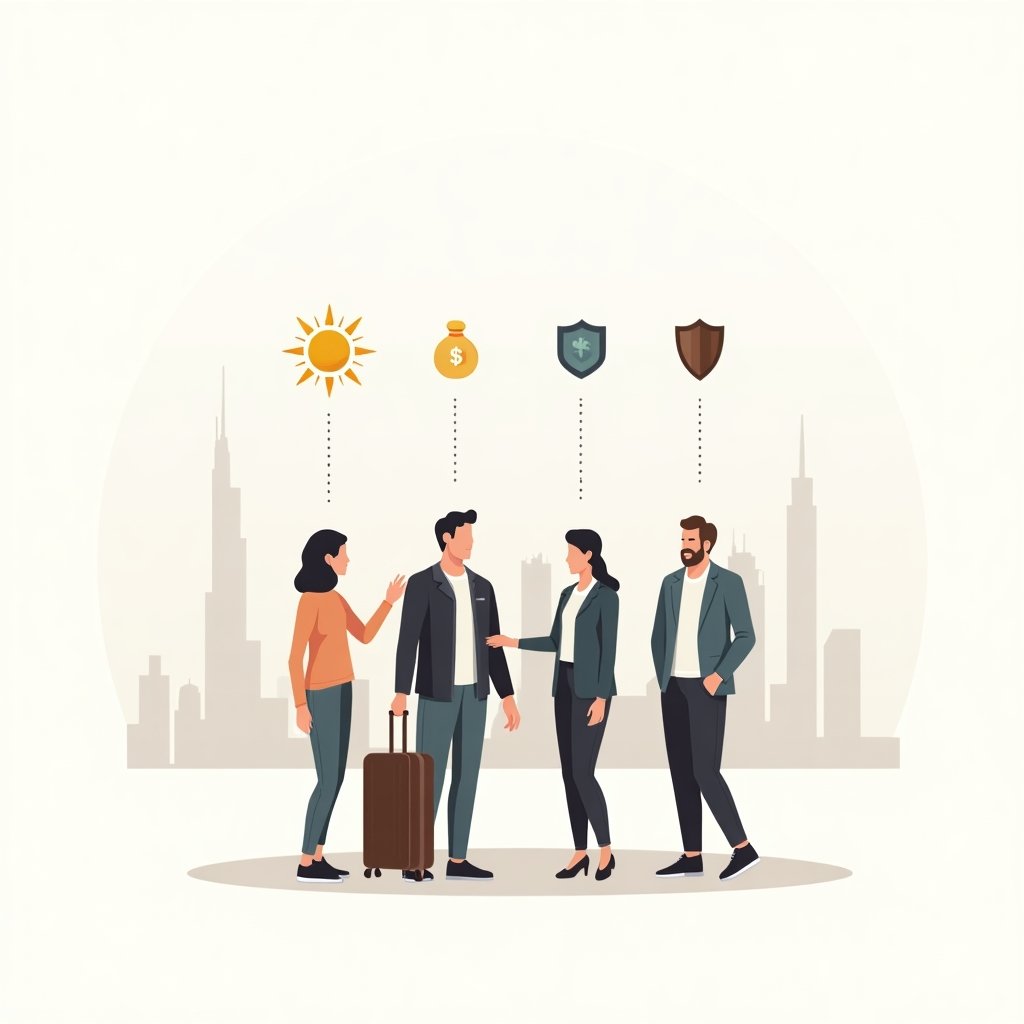 Diverse mensen omringd door iconen van zon, belastingvrij leven, veiligheid en carrièremogelijkheden in Dubai.