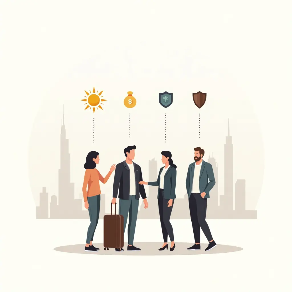 Diverse mensen omringd door iconen van zon, belastingvrij leven, veiligheid en carrièremogelijkheden in Dubai.