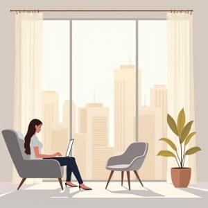 Persoon werkt op laptop in Dubai-appartement met zicht op stad, als symbool voor wonen en werken in Dubai.