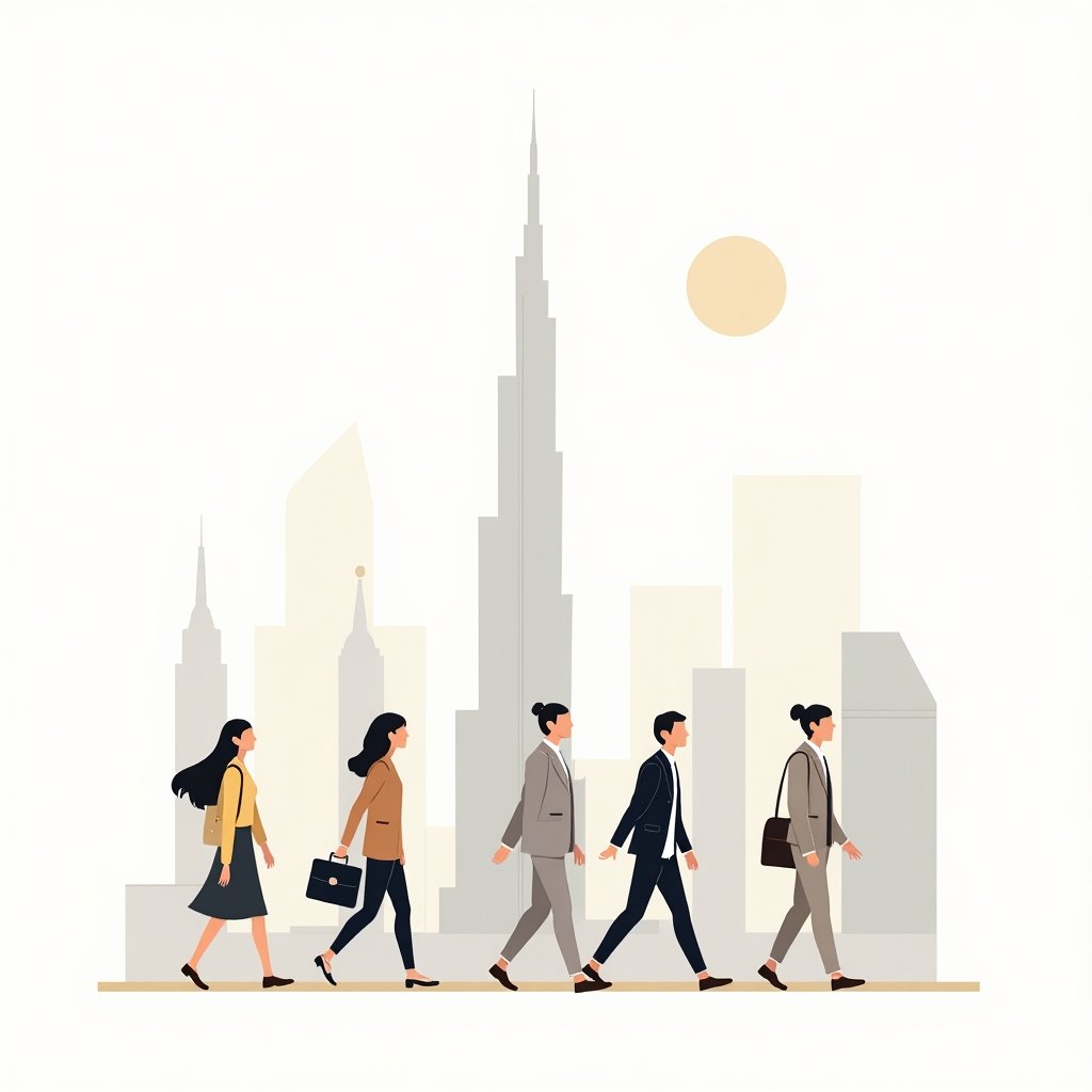 Illustratie van een skyline van Dubai met werkende professionals op de voorgrond, passend bij het thema werken in Dubai.