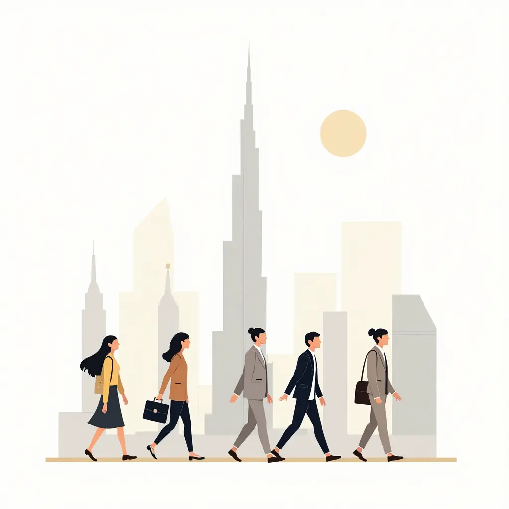 Illustratie van een skyline van Dubai met werkende professionals op de voorgrond, passend bij het thema werken in Dubai.