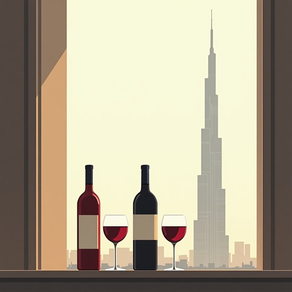 Fles wijn en glazen op balkon van hotelkamer in Dubai, met zicht op Burj Khalifa.