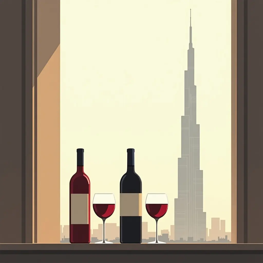 Fles wijn en glazen op balkon van hotelkamer in Dubai, met zicht op Burj Khalifa.