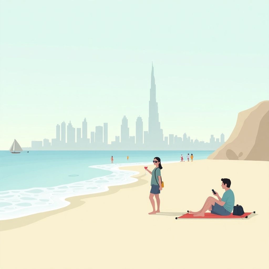 Toeristen op het strand in Dubai tijdens wintermaanden