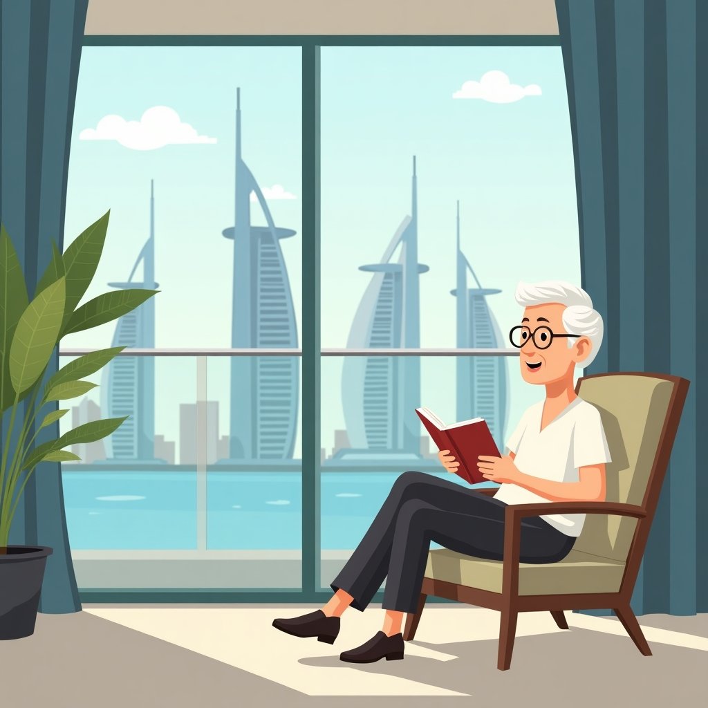 Gepensioneerde leest op het balkon van een modern appartement met uitzicht op Dubai Marina.