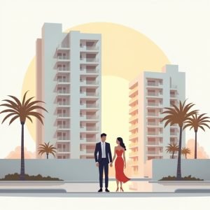 Makelaar toont appartement aan stel in een modern gebouw in Dubai