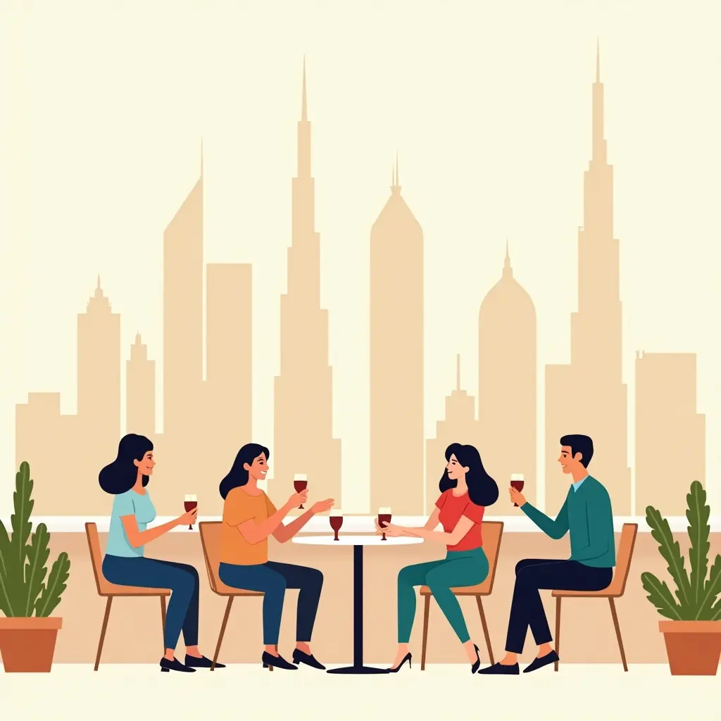 Groep vrienden drinkt koffie op terras in Dubai met de skyline op de achtergrond.