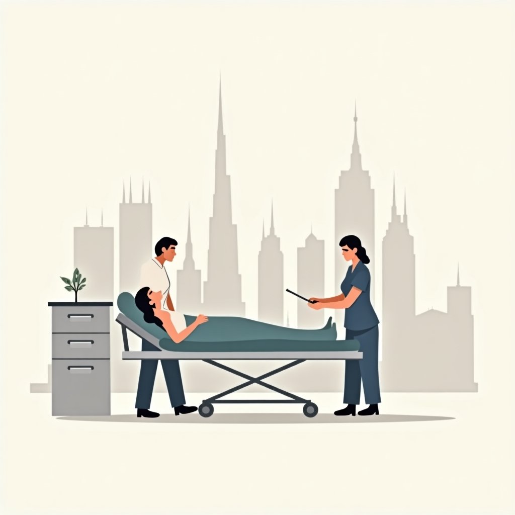 Verpleegkundige helpt een patiënt in een moderne kliniek in Dubai, symbool voor werken in de zorg in Dubai.