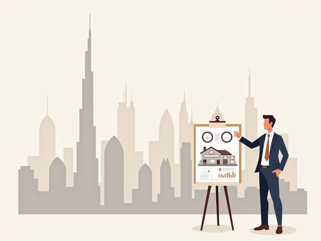 Adviseur die een vastgoedplan in Dubai presenteert.