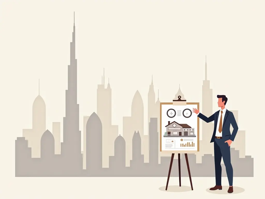 Adviseur die een vastgoedplan in Dubai presenteert.