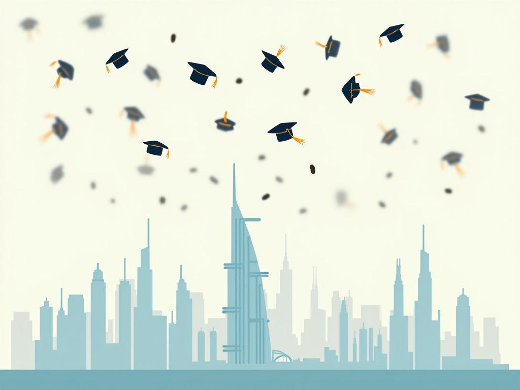 Studenten die afstudeerkappen omhoog gooien bij de skyline van Dubai.