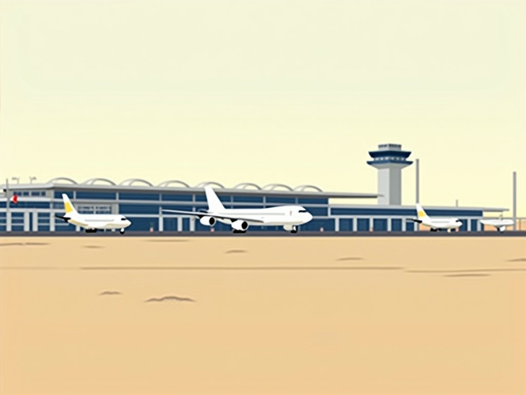 Al Maktoum International Airport met terminal en vrachtvliegtuigen.