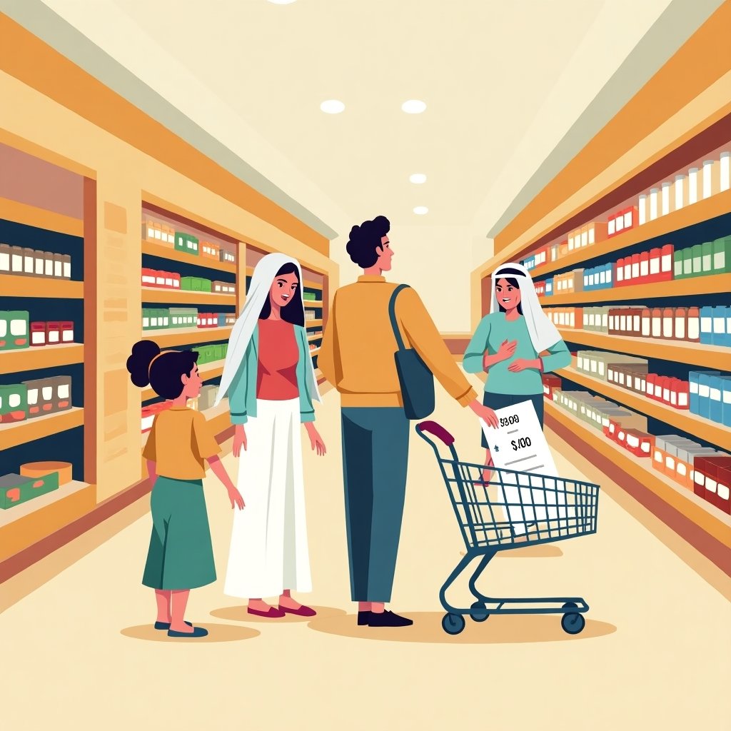 Gezin dat boodschappen doet in een supermarkt in Dubai met hoge prijzen.