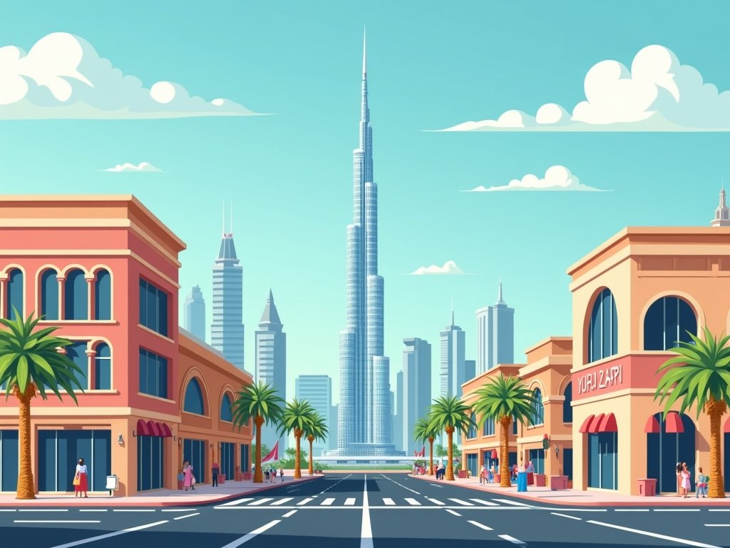 Downtown Dubai met de Burj Khalifa en levendige straten.