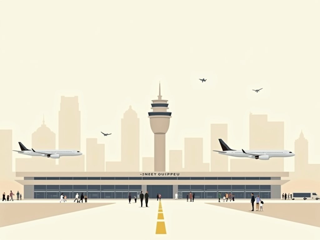 Dubai International Airport met vliegtuigen, toren en reizigers.