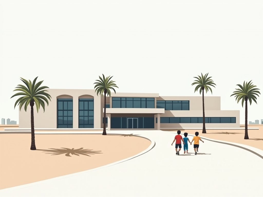 Moderne internationale school in Dubai met kinderen en palmbomen.