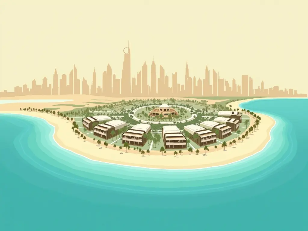 Luchtbeeld van Palm Jumeirah met luxe villa’s en stranden.