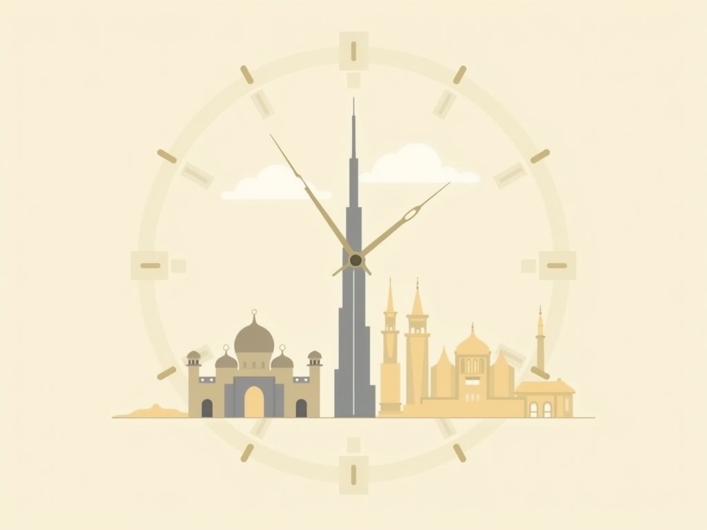 Wereldklok die de tijd in Dubai en Amsterdam naast elkaar toont.