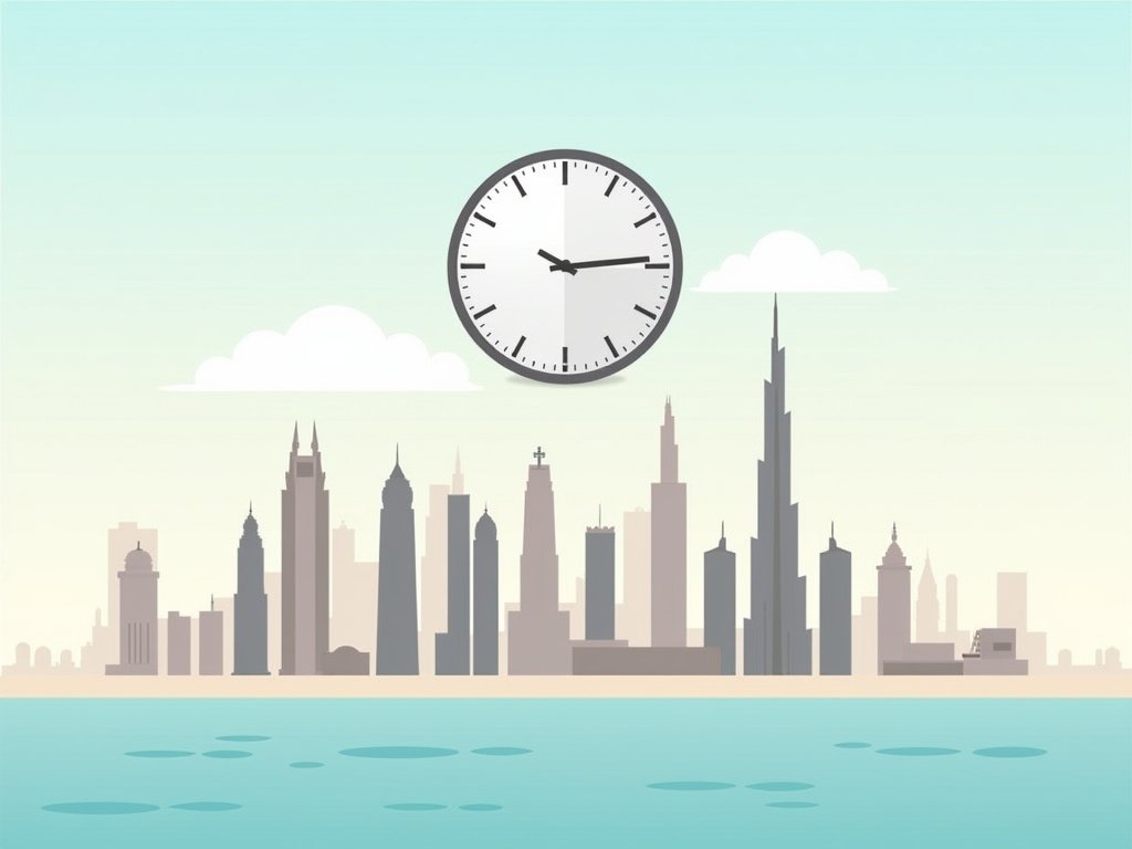 Skyline van Dubai met grote klok die de lokale tijd weergeeft.