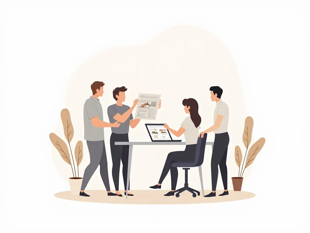 Illustratie van een professioneel team dat samenwerkt aan vastgoed in Dubai.