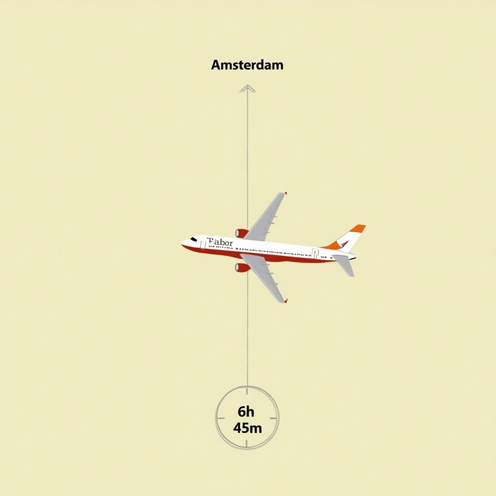 Illustratie van een vliegtuig dat van Amsterdam naar Dubai vliegt met de vliegtijd aangegeven.