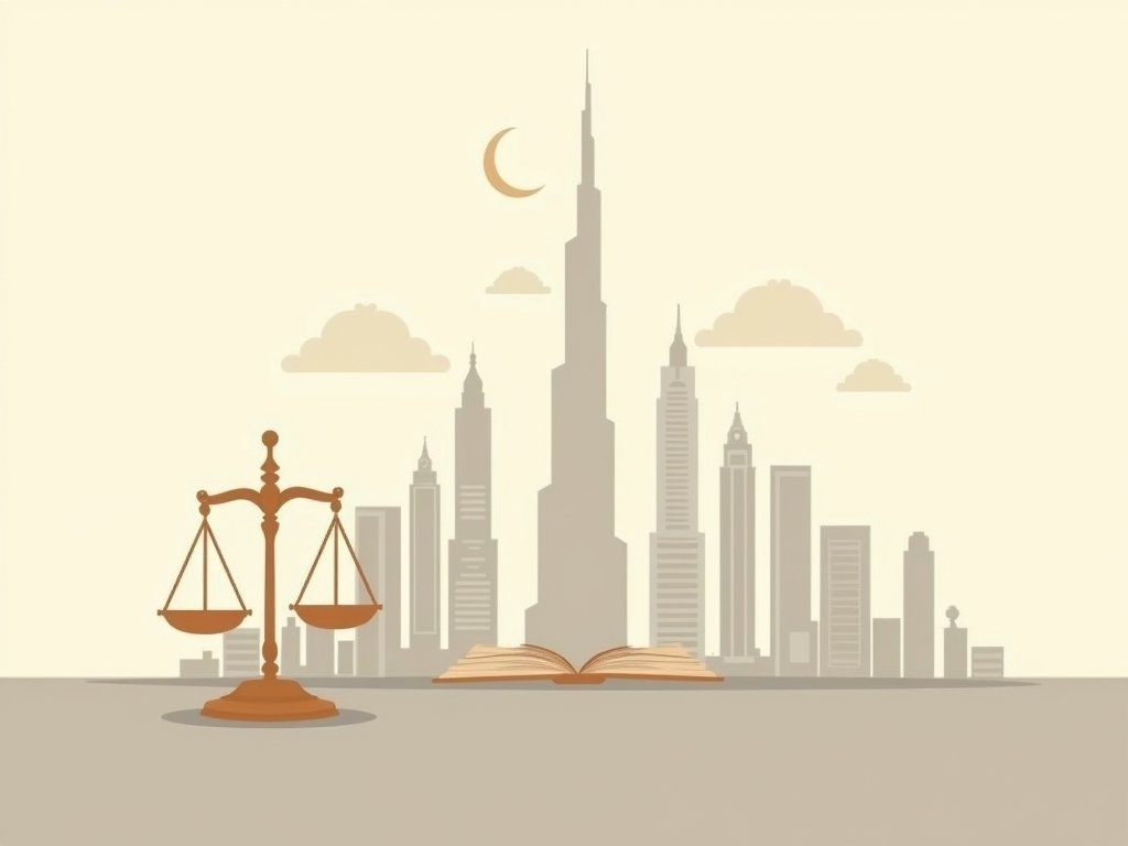 Skyline van Dubai met symbolen van wetgeving zoals weegschaal en wetboeken.