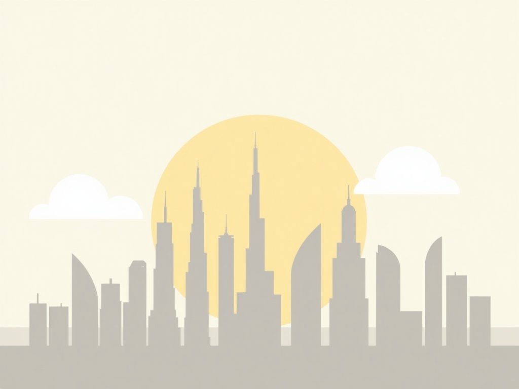 Skyline van Dubai onder de felle zon.