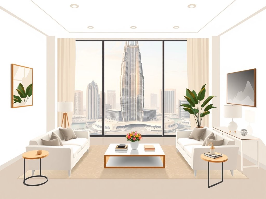 Een luxe appartementinterieur in Dubai met moderne meubels en een uitzicht op de Burj Khalifa door grote ramen, in een verfijnde kleurenpalet van wit en zandbeige.