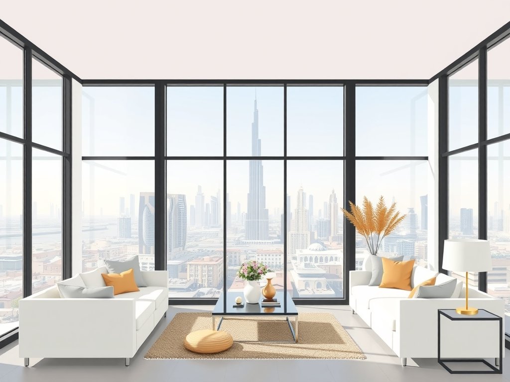 Een flat-style illustratie van een luxe appartement in Dubai met een modern interieur en een prachtig uitzicht op de skyline door grote ramen, waarbij minimalistische meubels en een rustige kleurenpalet de verfijnde sfeer benadrukken.