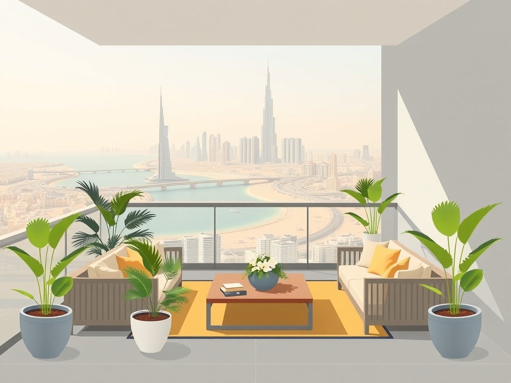 Luxueuze flat-style illustratie van een stijlvolle balkonruimte in Dubai met moderne meubels, palmplanten en een prachtig uitzicht op de skyline en de Arabische Golf.